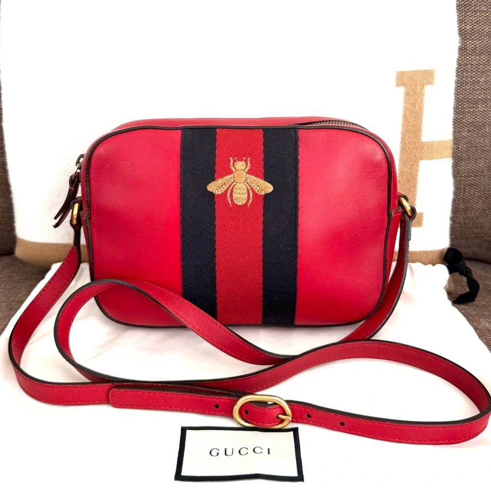 Authentic Gucci Webby Bee Shoulder Bag crossbody red leather small